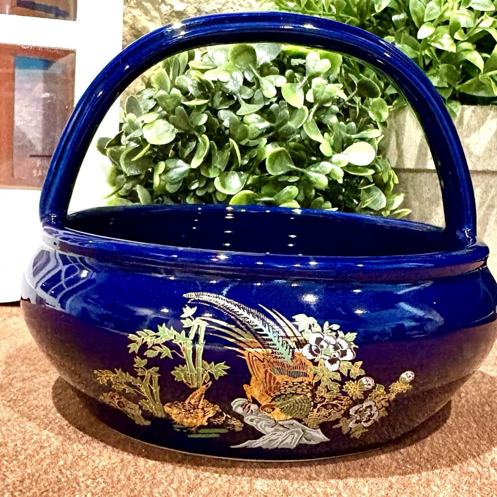 Vintage Cobalt Blue Pheasant Porcelain Sugar Bowl Candy Dish with Handle